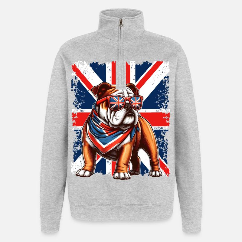 Bouledogue avec accessoires de drapeau britannique - Sweat à zip 1/4 - gris chiné