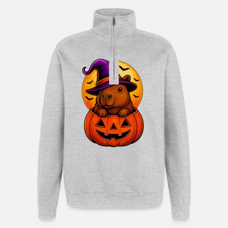 Capybara mignon dans la citrouille d’Halloween - Sweat à zip 1/4 - gris chiné