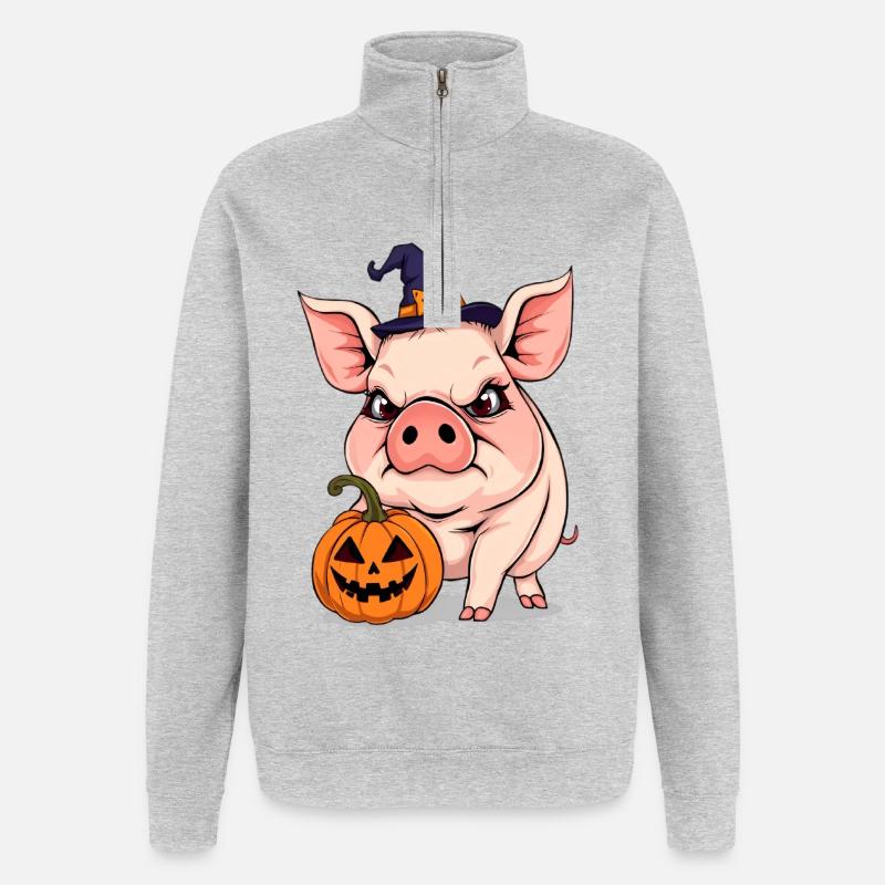 Cochon d'Halloween rapide avec citrouille - Sweat à zip 1/4 - gris chiné