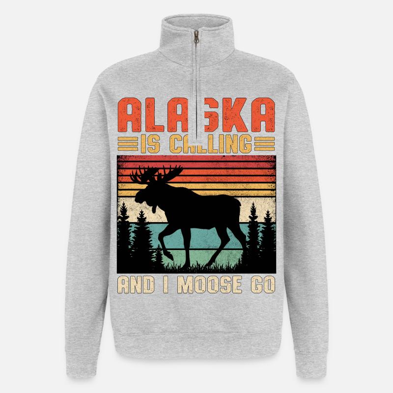 Alaska Ruft: Elch auf Wanderschaft - Quarter-Zip-Sweatshirt - Grau meliert