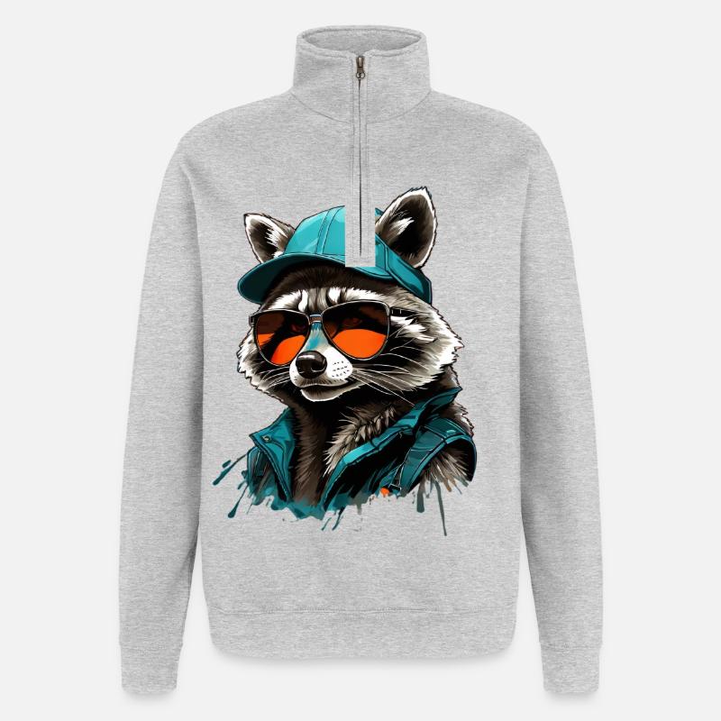 Cooler Waschbär mit Sonnenbrille und Cap - Quarter-Zip-Sweatshirt - Grau meliert