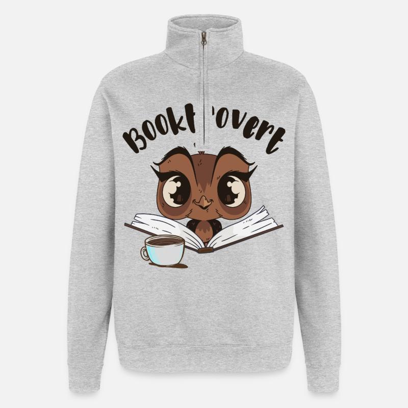 Booktrovert Eule mit Buch und Kaffee - Quarter-Zip-Sweatshirt - Grau meliert