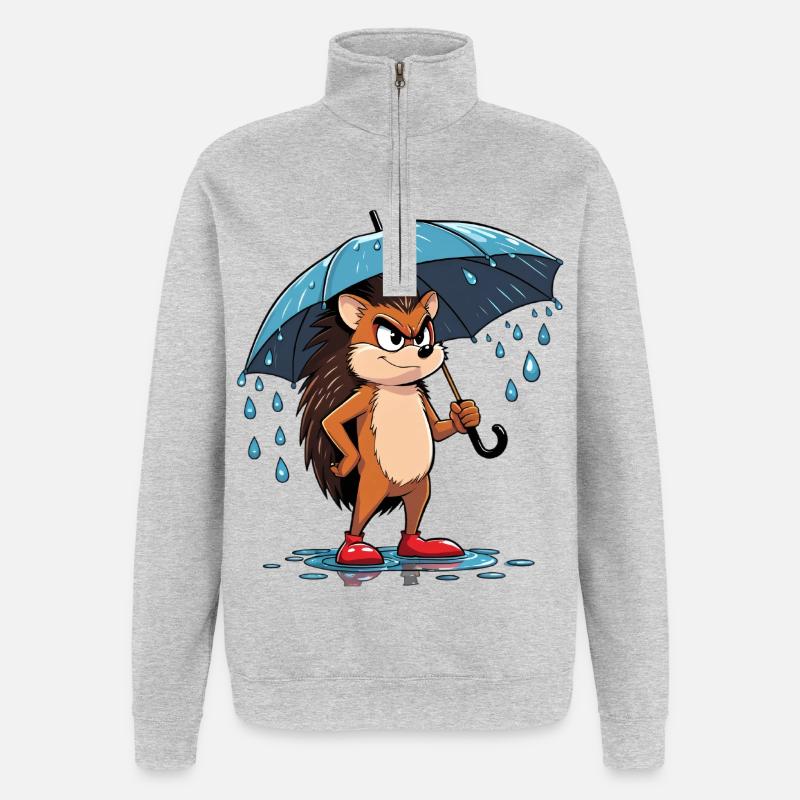 Hérisson de dessin animé avec parapluie - Sweat à zip 1/4 - gris chiné
