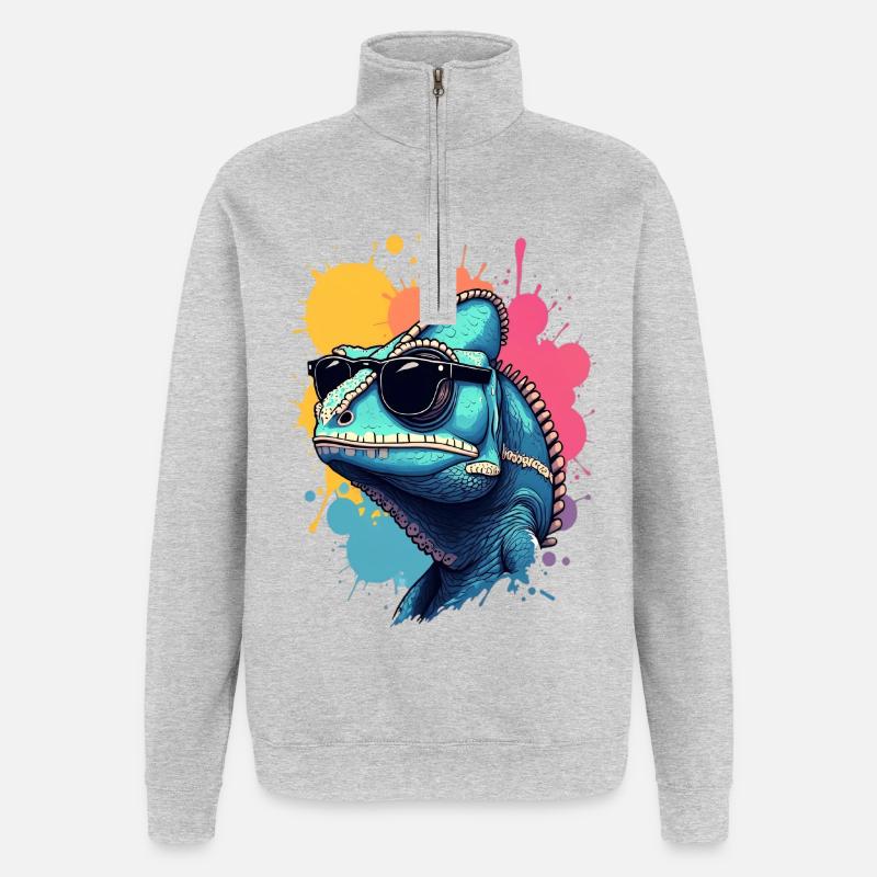Cooles Chamäleon mit Sonnenbrille - Quarter-Zip-Sweatshirt - Grau meliert