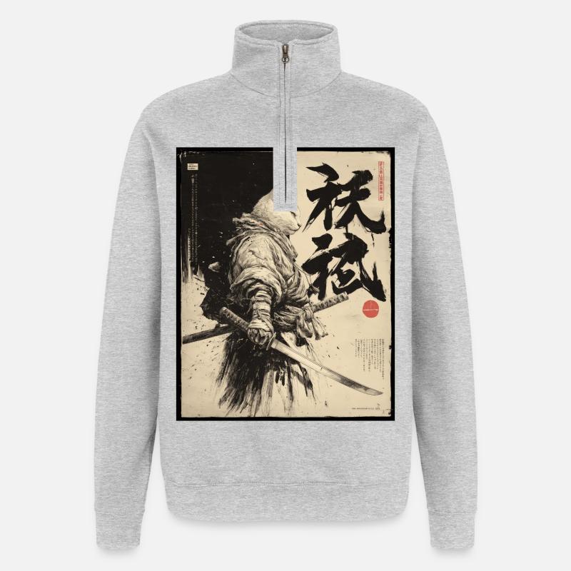 Samurai Katze, Japanischer Krieger & Kämpfer - Quarter-Zip-Sweatshirt - Grau meliert