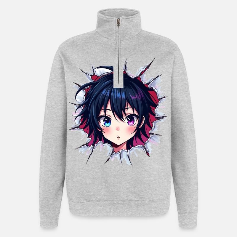 Fille d’anime avec des yeux changeants de couleur - Sweat à zip 1/4 - gris chiné