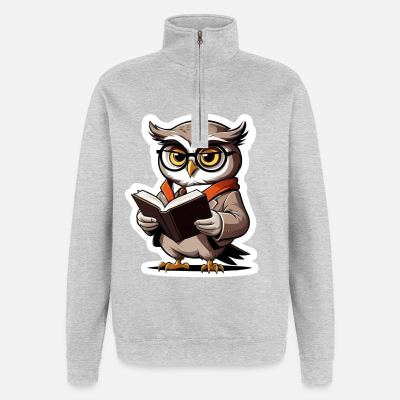 Eule mit Brille und Buch - Quarter-Zip-Sweatshirt - Grau meliert