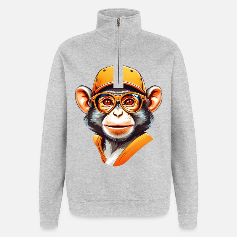Cool Affe mit Cap und Brille - Quarter-Zip-Sweatshirt - Grau meliert