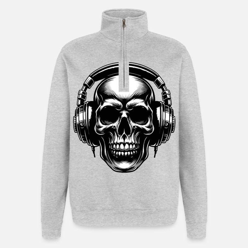 Skull mit Kopfhörern Blickfang Design - Quarter-Zip-Sweatshirt - Grau meliert