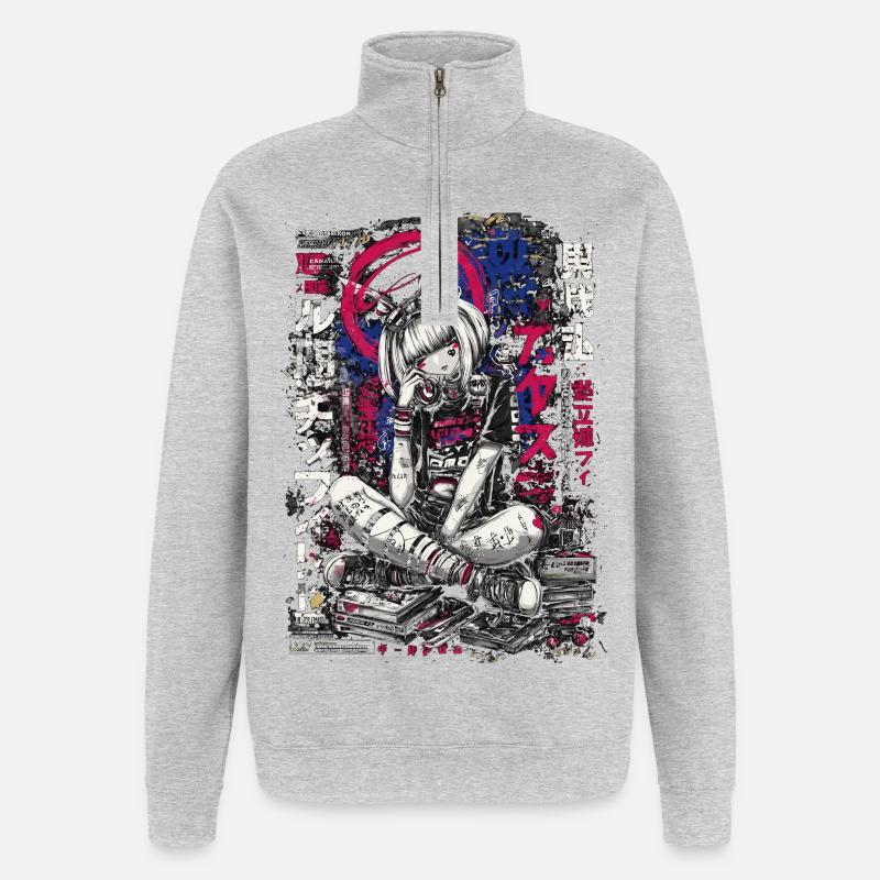 Fille cyberpunk avec un design graffiti - Sweat à zip 1/4 - gris chiné