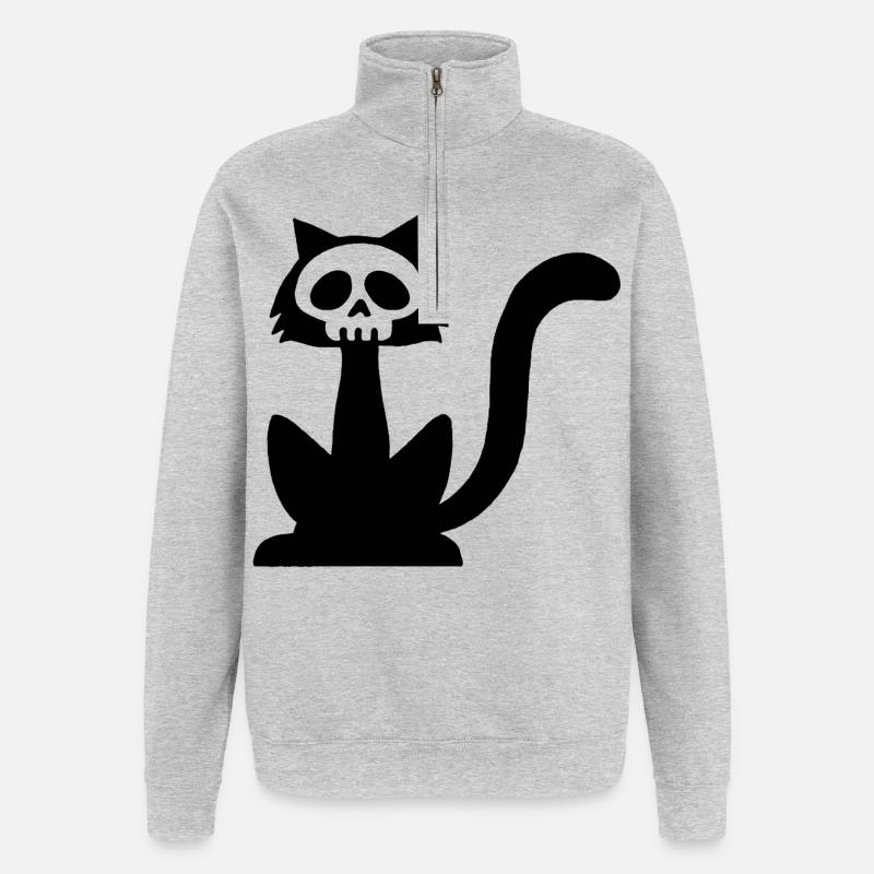 Crâne de chat noir - Sweat à zip 1/4 - gris chiné