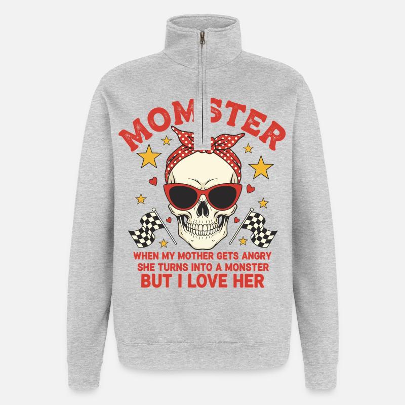 Monstermutter mit retro Skulls Design - Quarter-Zip-Sweatshirt - Grau meliert