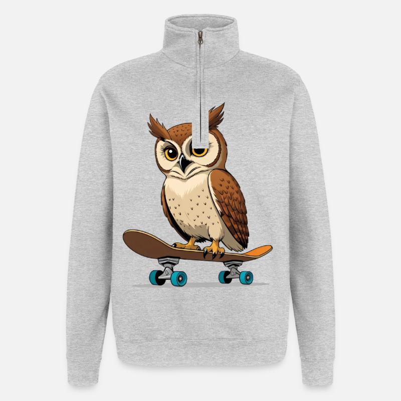 Eule auf Skateboard im Comic-Stil - Quarter-Zip-Sweatshirt - Grau meliert