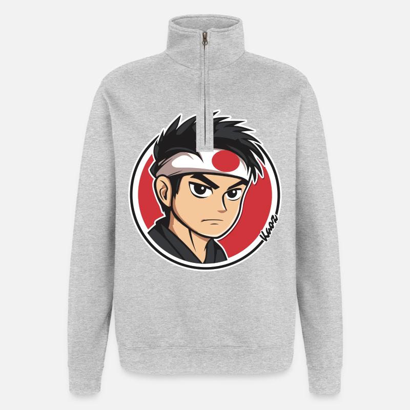 Anime Samurai Charakter Illustration - Quarter-Zip-Sweatshirt - Grau meliert