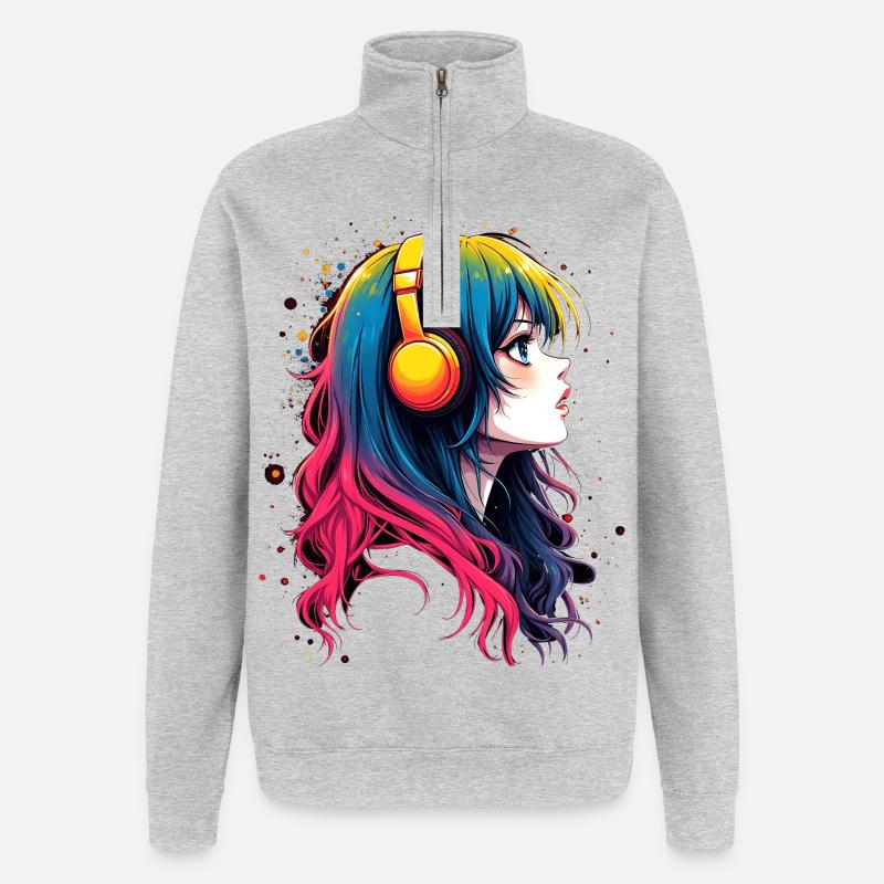 Farbiger Anime-Charakter mit Kopfhörer - Quarter-Zip-Sweatshirt - Grau meliert