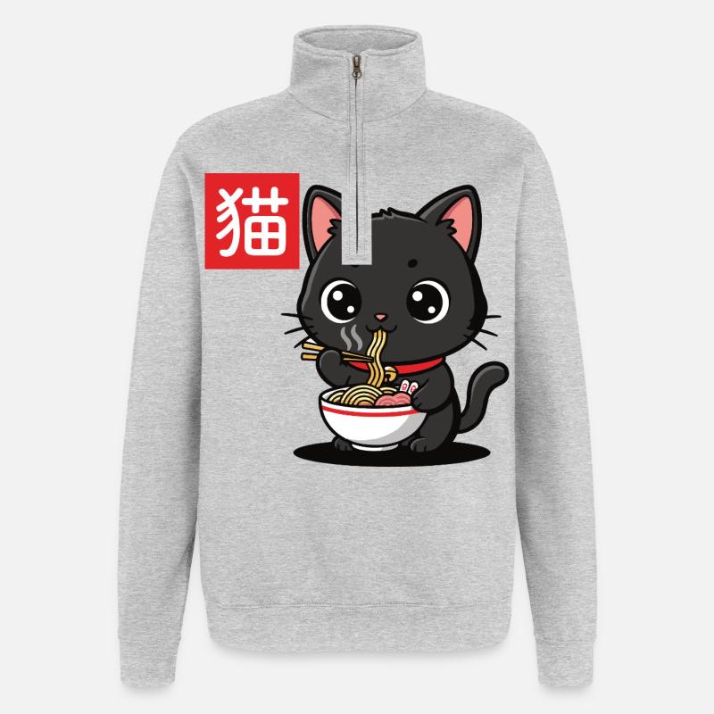 Kitten Eats Ramen Illustration - Quarter-Zip Sweatshirt - heather grey