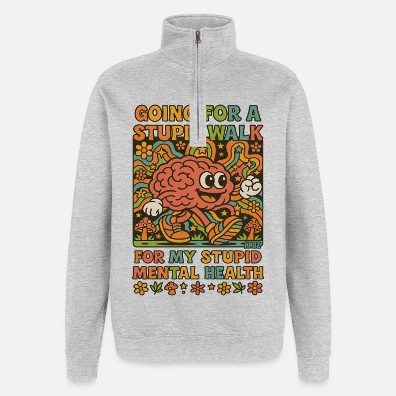Stupid Walking Brain Retro Psychedelisch - Quarter-Zip-Sweatshirt - Grau meliert