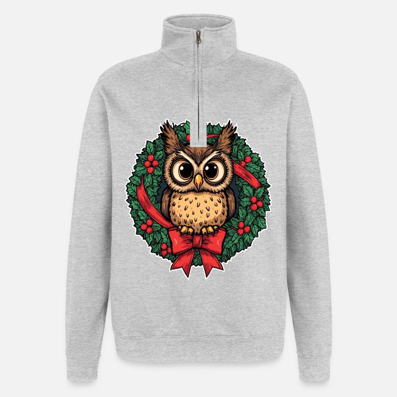 Eule im Weihnachtskranz - Quarter-Zip-Sweatshirt - Grau meliert