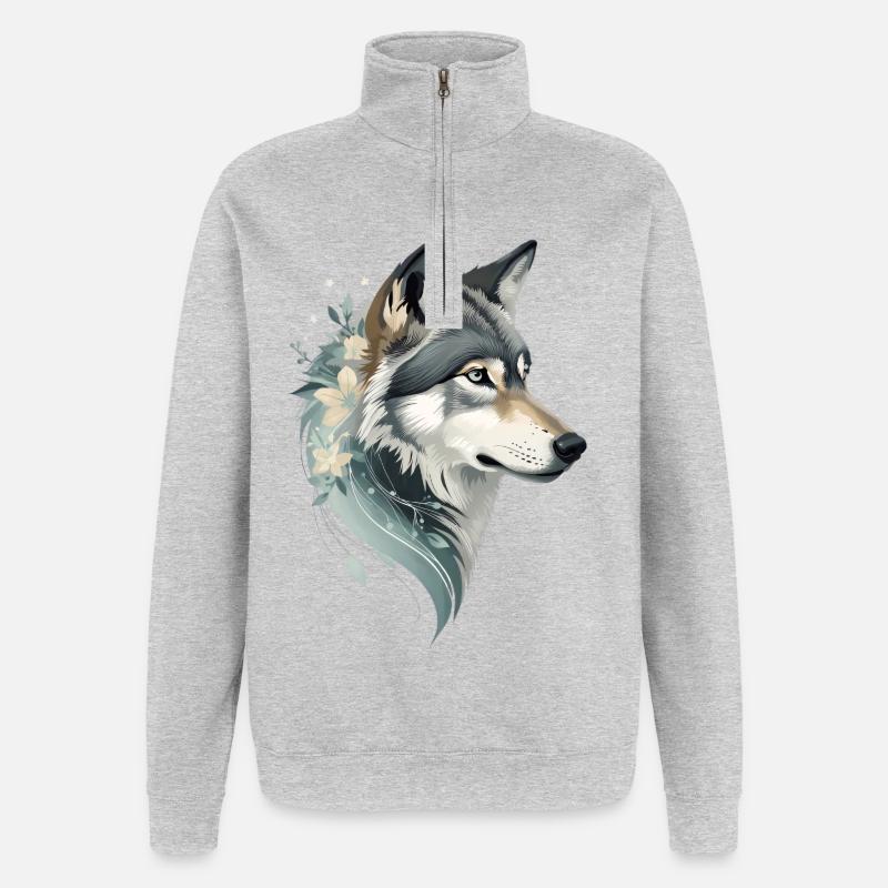 Wolf head with flower ornament - Quarter-Zip Sweatshirt - heather grey