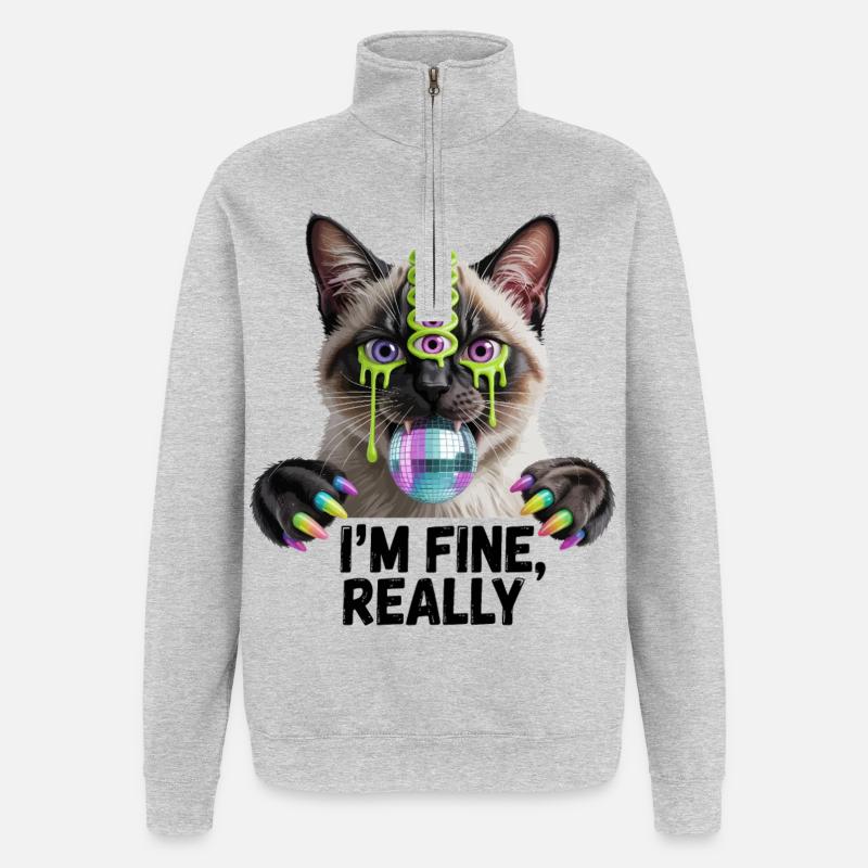 Neon-Mehräugige Disco-Katze - Quarter-Zip-Sweatshirt - Grau meliert