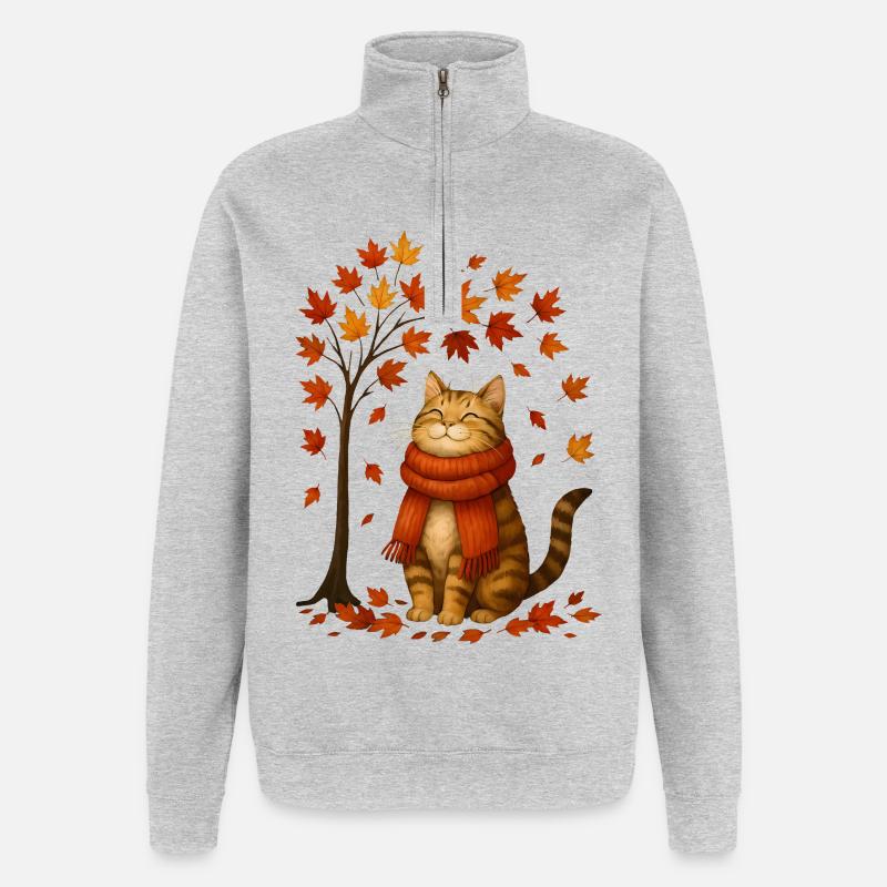 Chat d’automne avec écharpe rouge - Sweat à zip 1/4 - gris chiné
