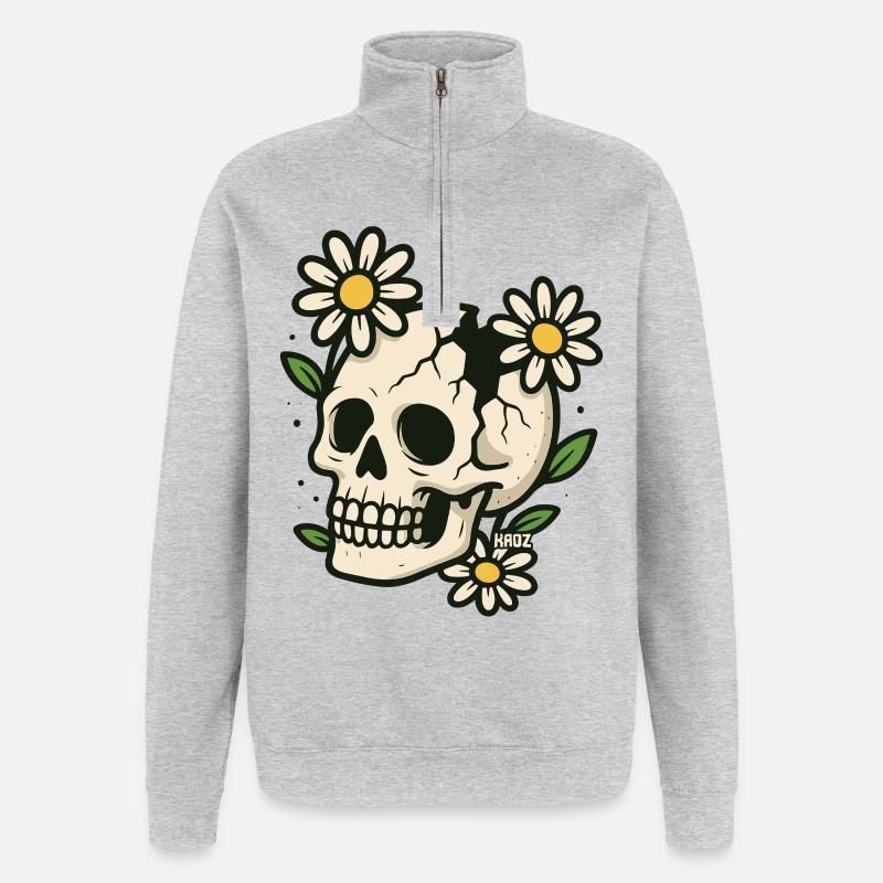 Crâne avec couronne de fleurs - Sweat à zip 1/4 - gris chiné