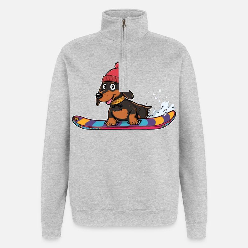 Dackel Snowboard im Winter - Quarter-Zip-Sweatshirt - Grau meliert