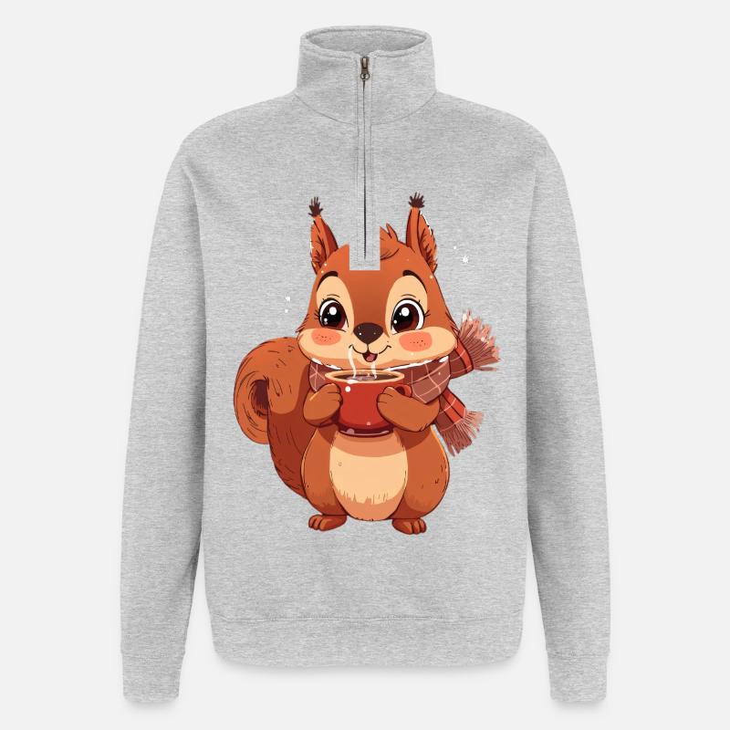 Winterliches Eichhörnchen mit Tasse - Quarter-Zip-Sweatshirt - Grau meliert