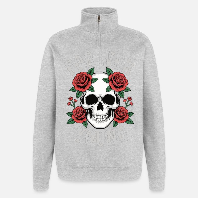 Forever Young Skull Roses - Quarter-Zip Sweatshirt - heather grey