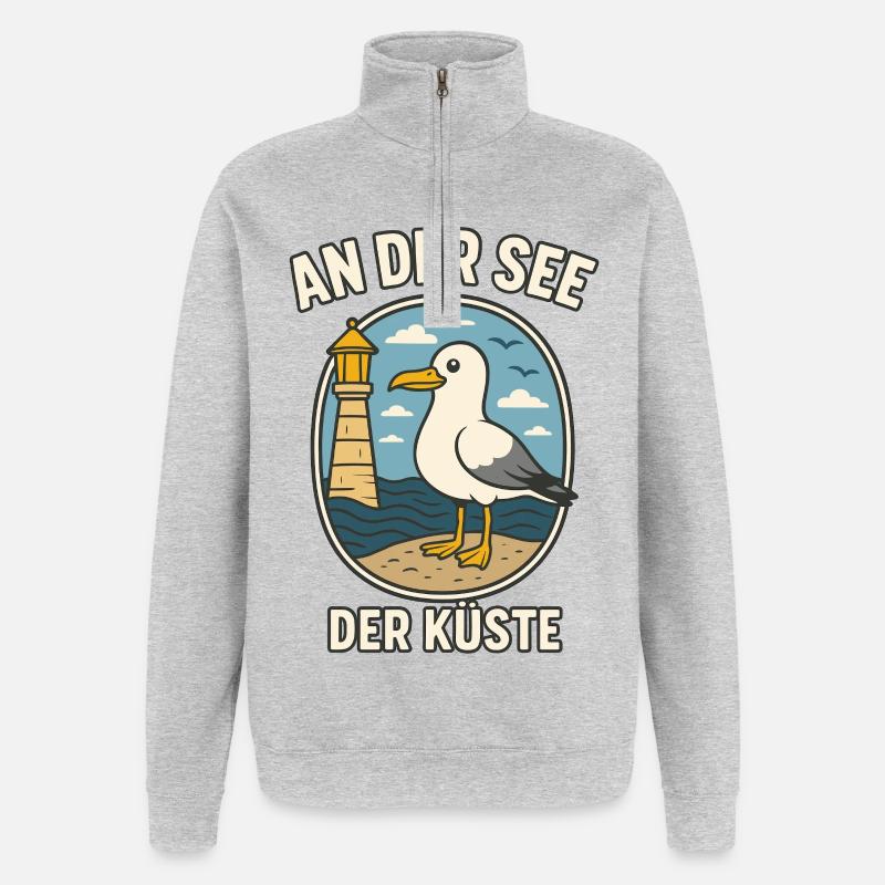 Seemöwe am Küstenleuchtturm - Quarter-Zip-Sweatshirt - Grau meliert