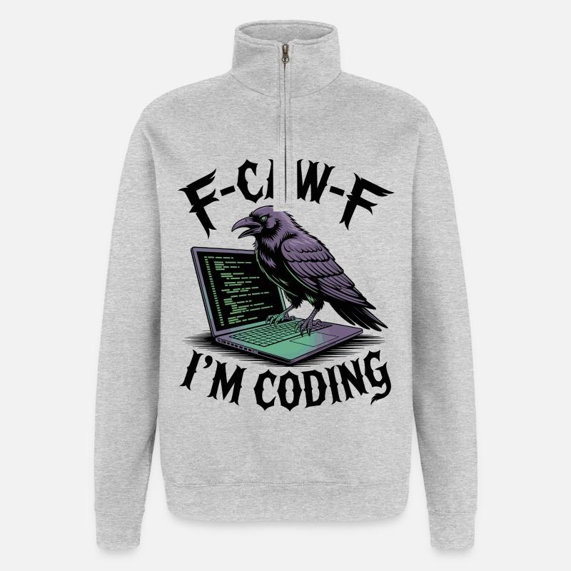 RabenCoder: Code Raven am Laptop - Quarter-Zip-Sweatshirt - Grau meliert