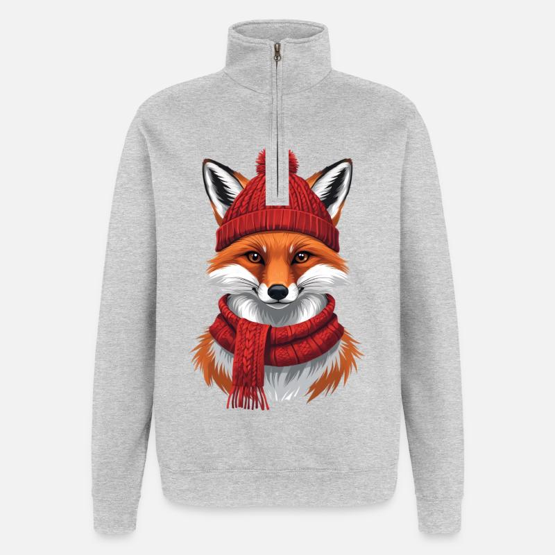 Winterrotfuchs mit Mütze und Schal - Quarter-Zip-Sweatshirt - Grau meliert