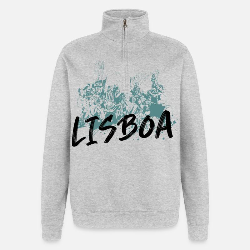 Monument Discoveries Lissabon blaue Illustration - Quarter-Zip-Sweatshirt - Grau meliert