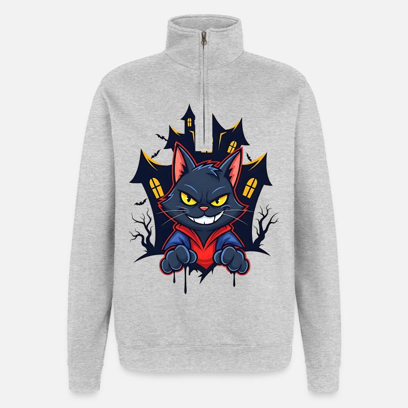 Chat souriant devant une maison hantée - Sweat à zip 1/4 - gris chiné