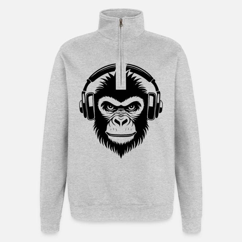 Frecher Comic-Affe mit Kopfhörern Shirt - Quarter-Zip-Sweatshirt - Grau meliert