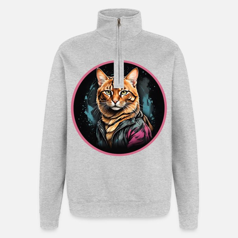 Bengal cat in neon leather jacket - Quarter-Zip Sweatshirt - heather grey