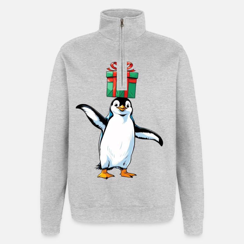 Pinguin mit Geschenk auf Kopf - Quarter-Zip-Sweatshirt - Grau meliert