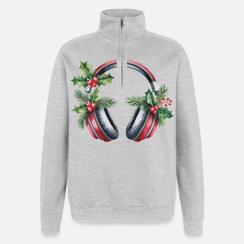 Weihnachtskopfhörer mit Tannengrün - Quarter-Zip-Sweatshirt - Grau meliert