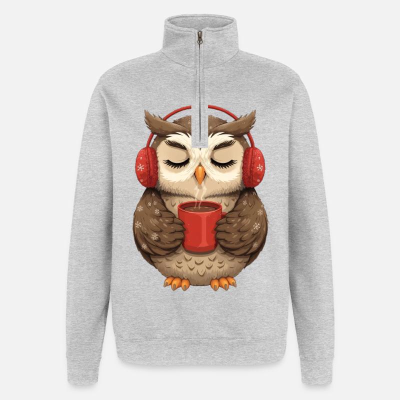 Kuscheleule mit Kopfhörern und Kaffee - Quarter-Zip-Sweatshirt - Grau meliert