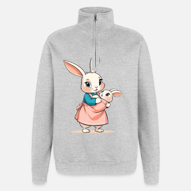 Mère lapin avec bébé - Sweat à zip 1/4 - gris chiné