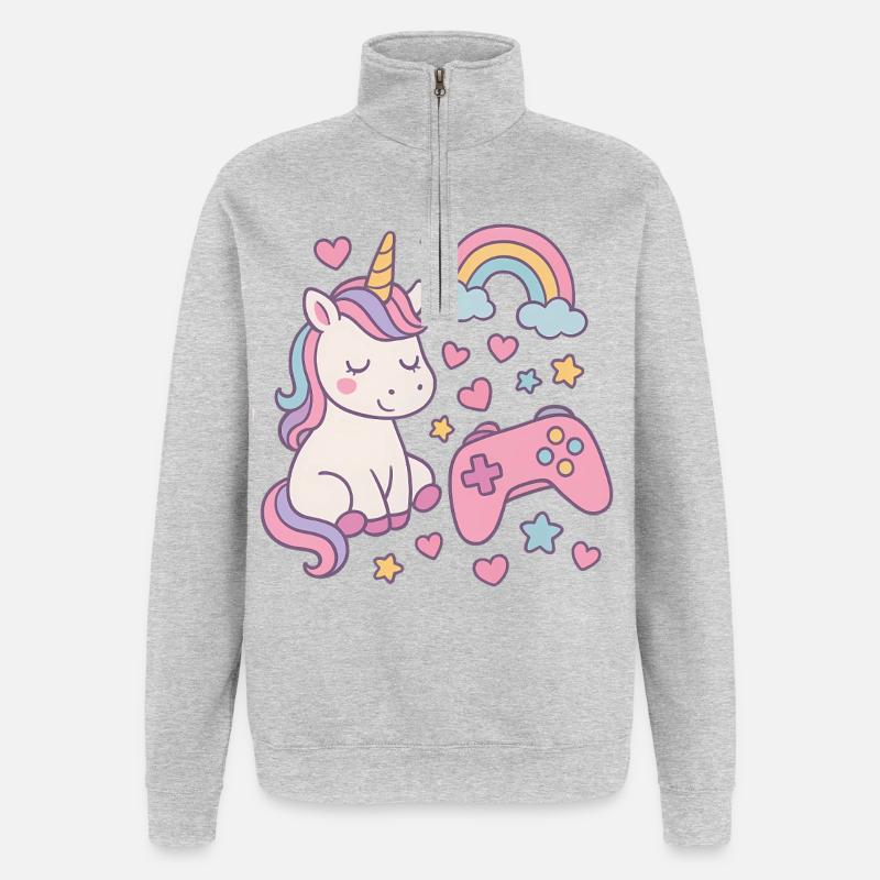 Super süßes Einhorn mit Gaming-Feeling - Quarter-Zip-Sweatshirt - Grau meliert