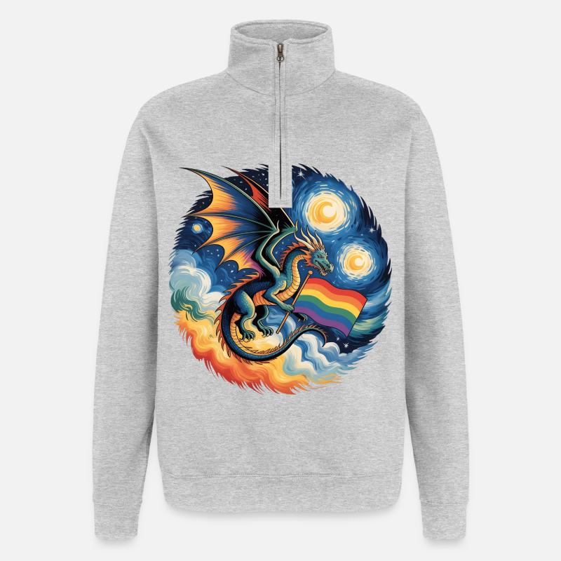 Pridelike Drache mit Regenbogenflagge - Quarter-Zip-Sweatshirt - Grau meliert