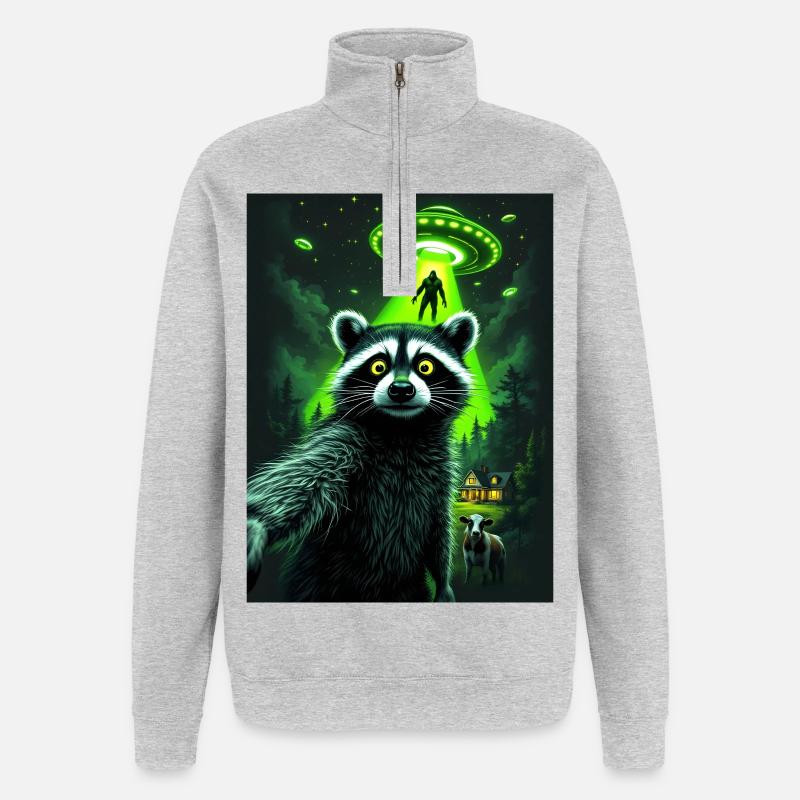 Waschbär UFO Überfall im Wald - Quarter-Zip-Sweatshirt - Grau meliert