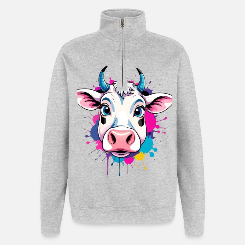 Bunte Kuh Kopf mit Farbspritzern - Quarter-Zip-Sweatshirt - Grau meliert
