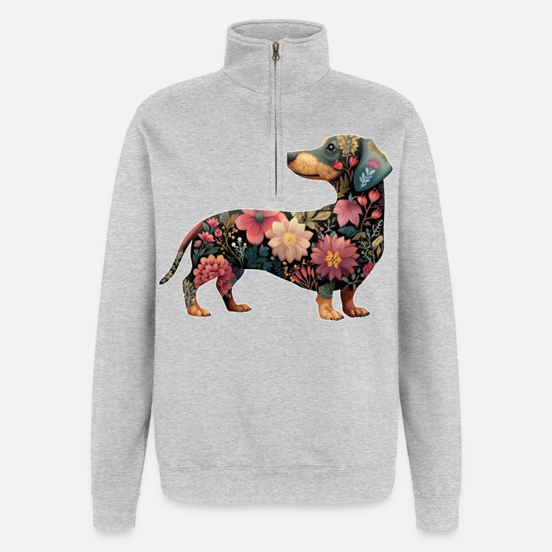 Teckel Teckel Fleurs Florales - Sweat à zip 1/4 - gris chiné