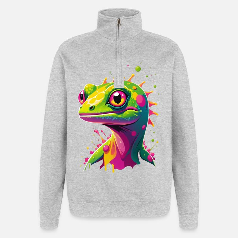 Bunte Echse Neon-Splash - Quarter-Zip-Sweatshirt - Grau meliert