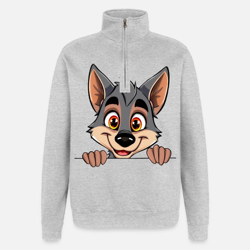 Kuscheliger Wolf blickt über Rand - Quarter-Zip-Sweatshirt - Grau meliert