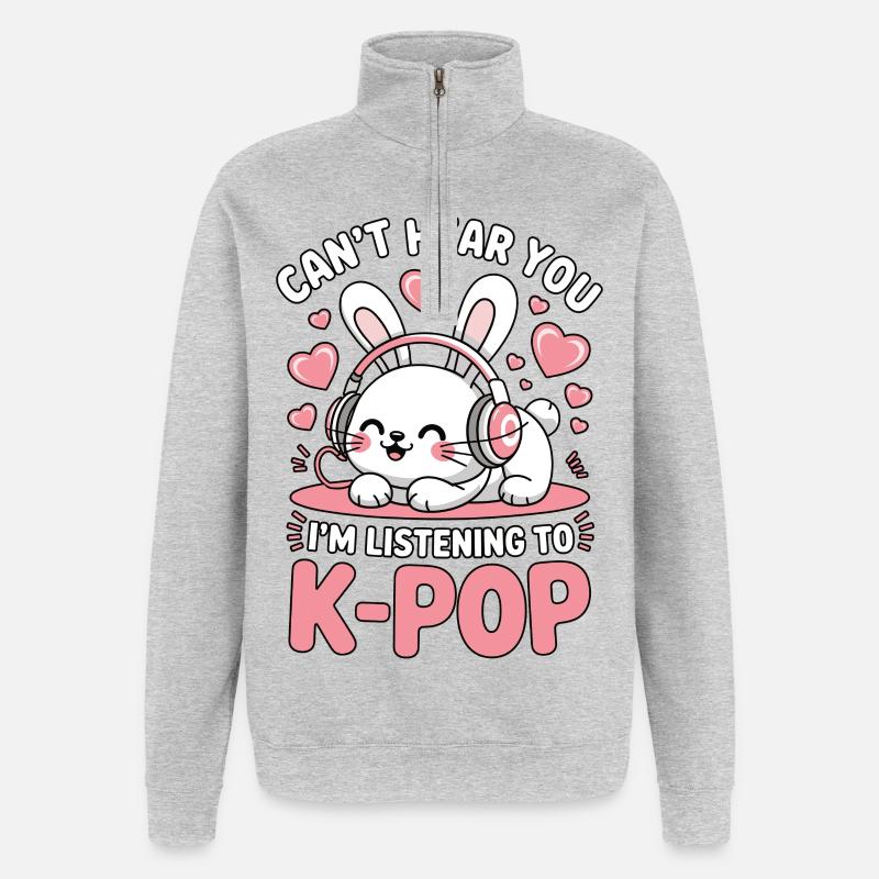 K-Pop Bunny mit Kopfhörern - Quarter-Zip-Sweatshirt - Grau meliert