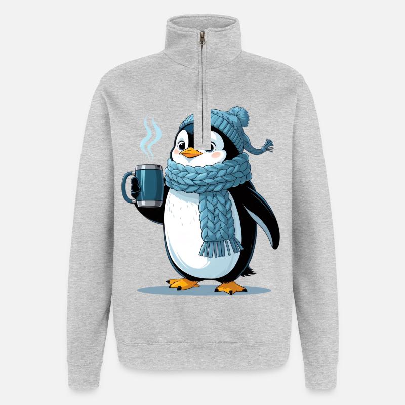 Cuddly penguin with blue cap - Quarter-Zip Sweatshirt - heather grey