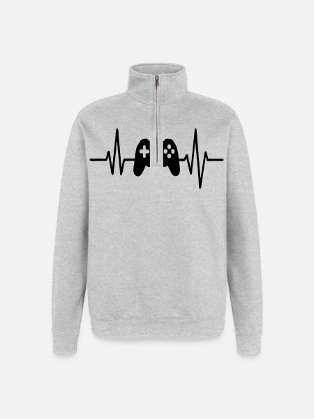 Heartbeat Gamer, Gamecontroller Strichzeichnung Design - Quarter-Zip-Sweatshirt - Grau meliert